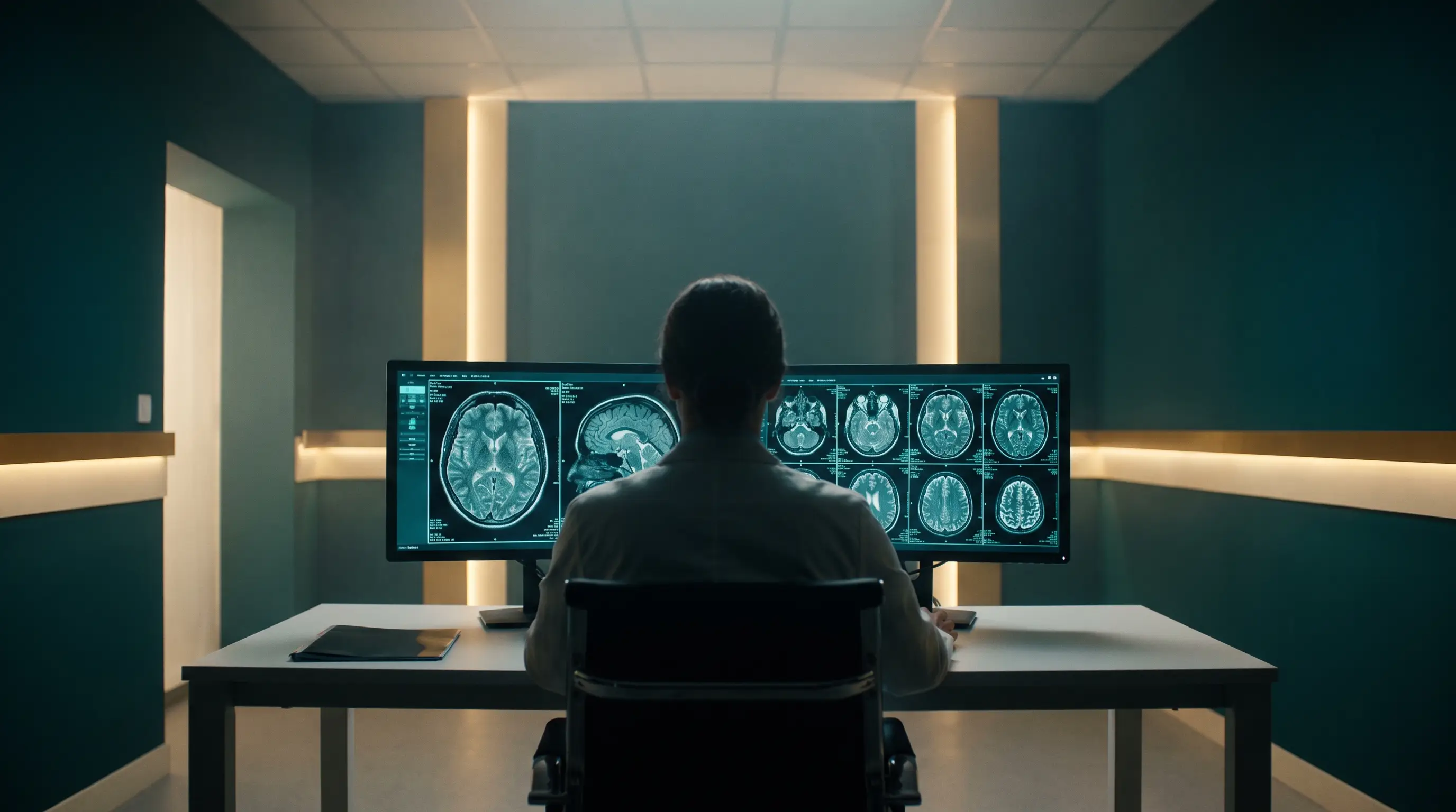 Radiologist reviewing MRI studies in the reading room